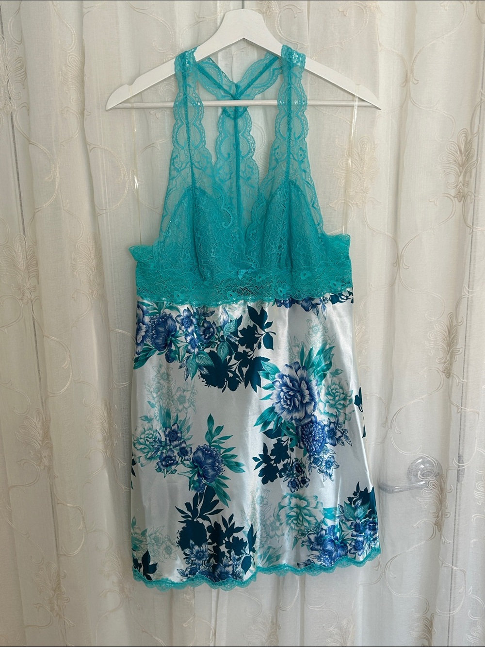Thalia Sodi Aqua Blue White Floral Satin & Lace Chemise Nightgown Slip Size L